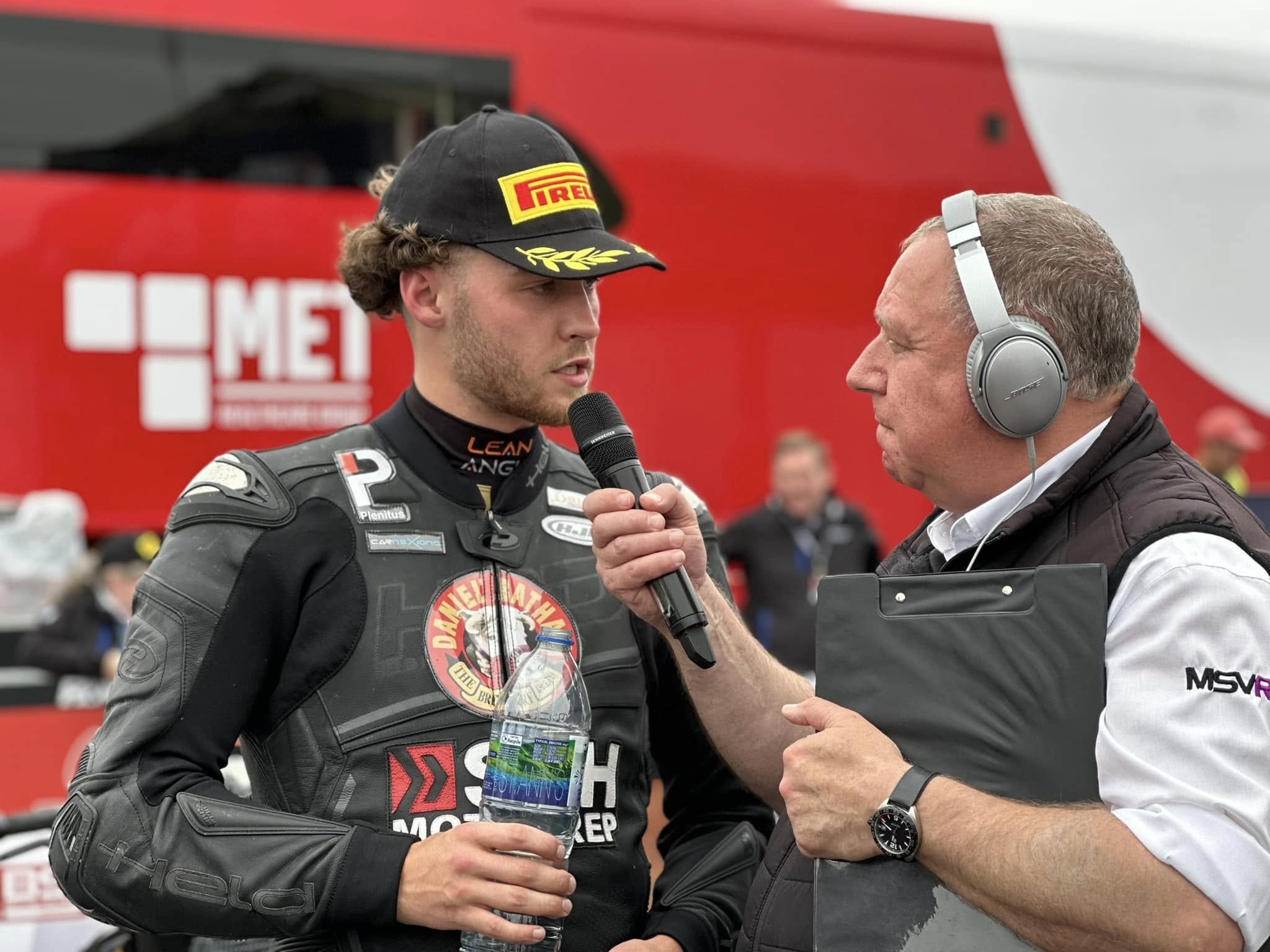 Christian Smith giving a post-race interview in Bathams leathers