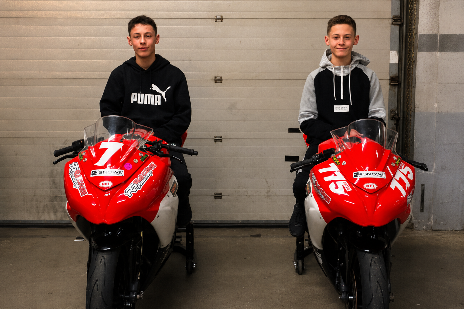Kieran and Christian Smith sitting on their red race bikes at their first Thundersport GB race weekend